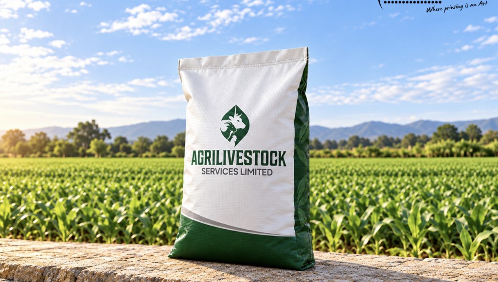 Agri Livestock Services branded feed sack in maize field